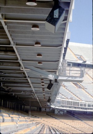 Mile Hi Stadium rear firing speaker arrays covering the lower seating deck